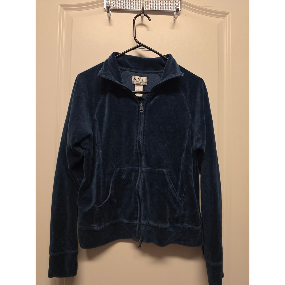 NYL New York Laundry Navy Blue Velour Zip Up Hoodie Jacket Women Large Y2K